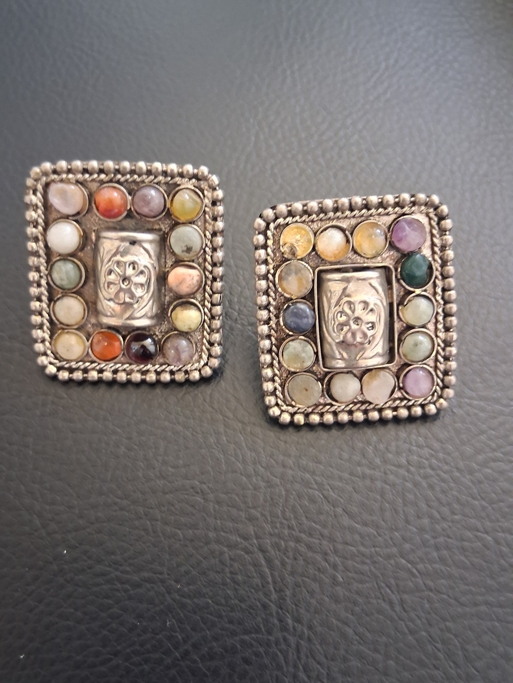Elegante' Multicolor Beaded Square Silver-Tone Clip Earrings